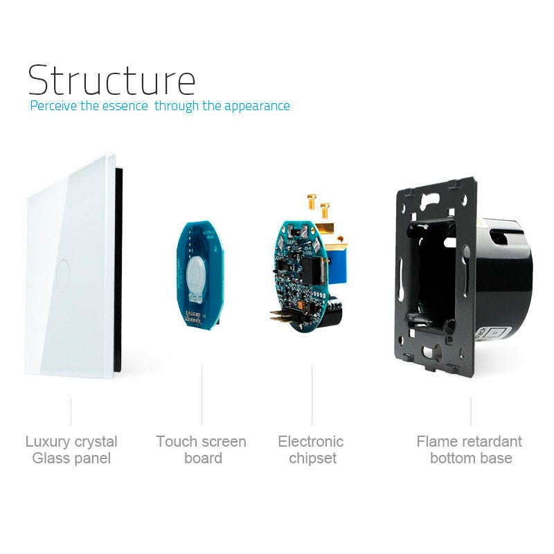 Interruptor sencillo de 1 cuerpo con 2 encendidos en color blanco con función de control remoto (vía RF). Interruptor eléctrico de empotrar con cuerpo de aluminio y panel frontal táctil iluminado de cristal templado con acabado de alta calidad y diseño minimalista.