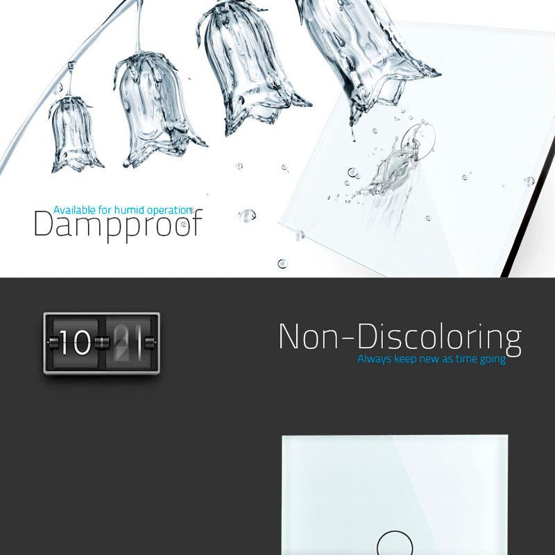 Interruptor sencillo de 1 cuerpo con 1 encendido en color blanco con función de regulación, permite variar la intensidad de las luminarias (siempre y cuando las luminarias conectadas tengan función de regulación). Interruptor eléctrico de empotrar con cuerpo de aluminio y panel frontal táctil iluminado de cristal templado con acabado de alta calidad y diseño minimalista.