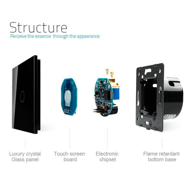 Interruptor sencillo de 1 cuerpo con 1 encendido en color negro con función de control remoto (vía RF). Interruptor eléctrico de empotrar con cuerpo de aluminio y panel frontal táctil iluminado de cristal templado con acabado de alta calidad y diseño minimalista.