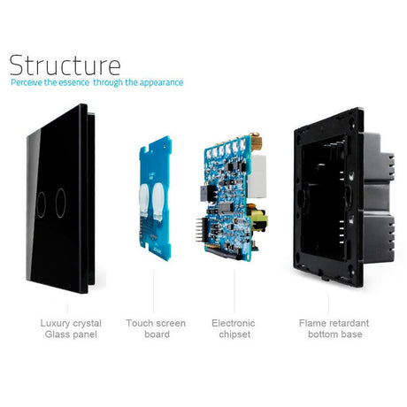 Mecanismo sencillo de 1 cuerpo con 2 botones en color negro con función de persiana, permite subir y bajar persianas y otros elementos de la casa. Y función de control remoto (vía RF). Mecanismo eléctrico de empotrar con cuerpo de aluminio y panel frontal táctil iluminado de cristal templado con acabado de alta calidad y diseño minimalista.