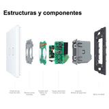 Mecanismo de empotrar EU, interruptor simple + regulador por TRIAC, con cuerpo de aluminio y botones táctiles iluminados. Permite variar la intensidad de las luminarias (siempre y cuando las luminarias conectadas tengan función de regulación)