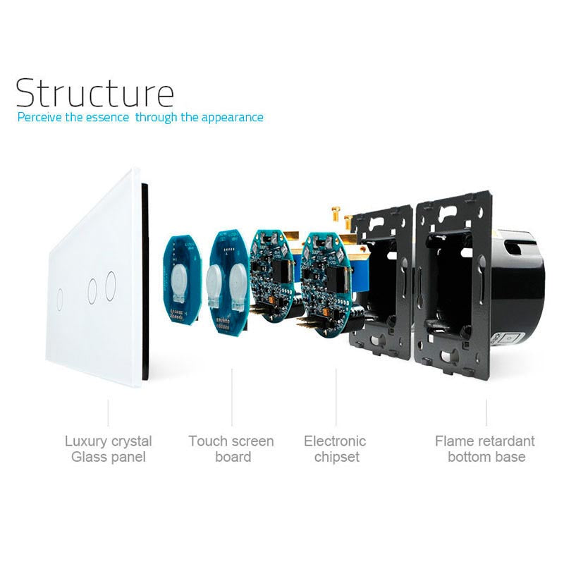 Interruptor doble de 2 cuerpos con 3 encendidos en color blanco. Interruptor eléctrico de empotrar con cuerpo de aluminio y panel frontal táctil iluminado de cristal templado con acabado de alta calidad y diseño minimalista.