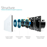Conmutador doble de 2 cuerpos con 3 encendidos en color blanco con función de control remoto (vía RF). Conmutador eléctrico de empotrar con cuerpo de aluminio y panel frontal táctil iluminado de cristal templado con acabado de alta calidad y diseño minimalista.