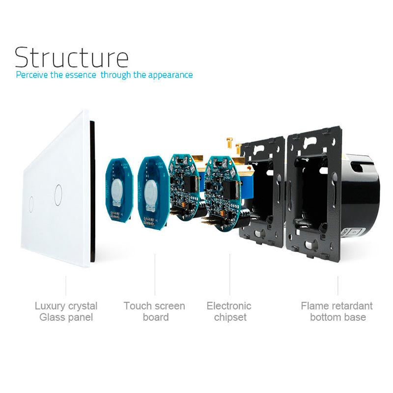 Interruptor doble de 2 cuerpos con 2 encendidos en color blanco con función de control remoto (vía RF). Interruptor eléctrico de empotrar con cuerpo de aluminio y panel frontal táctil iluminado de cristal templado con acabado de alta calidad y diseño minimalista.