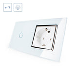 Conmutador doble de 2 cuerpos con 1 encendido + 1 enchufe en color blanco con función de control remoto (vía RF). Interruptor eléctrico de empotrar con cuerpo de aluminio y panel frontal táctil iluminado de cristal templado con acabado de alta calidad y diseño minimalista. Incluye marco interior del color del cristal.