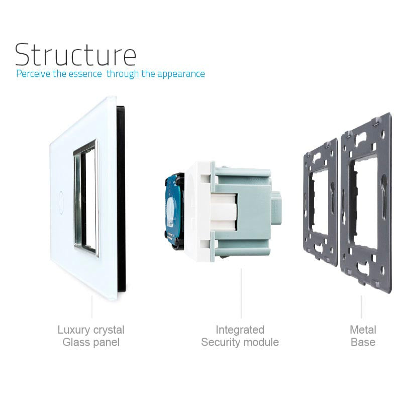 Interruptor doble de 2 cuerpos con 1 encendido + 1 enchufe en color blanco con función de control remoto (vía RF). Interruptor eléctrico de empotrar con cuerpo de aluminio y panel frontal táctil iluminado de cristal templado con acabado de alta calidad y diseño minimalista. Incluye marco interior del color del cristal.