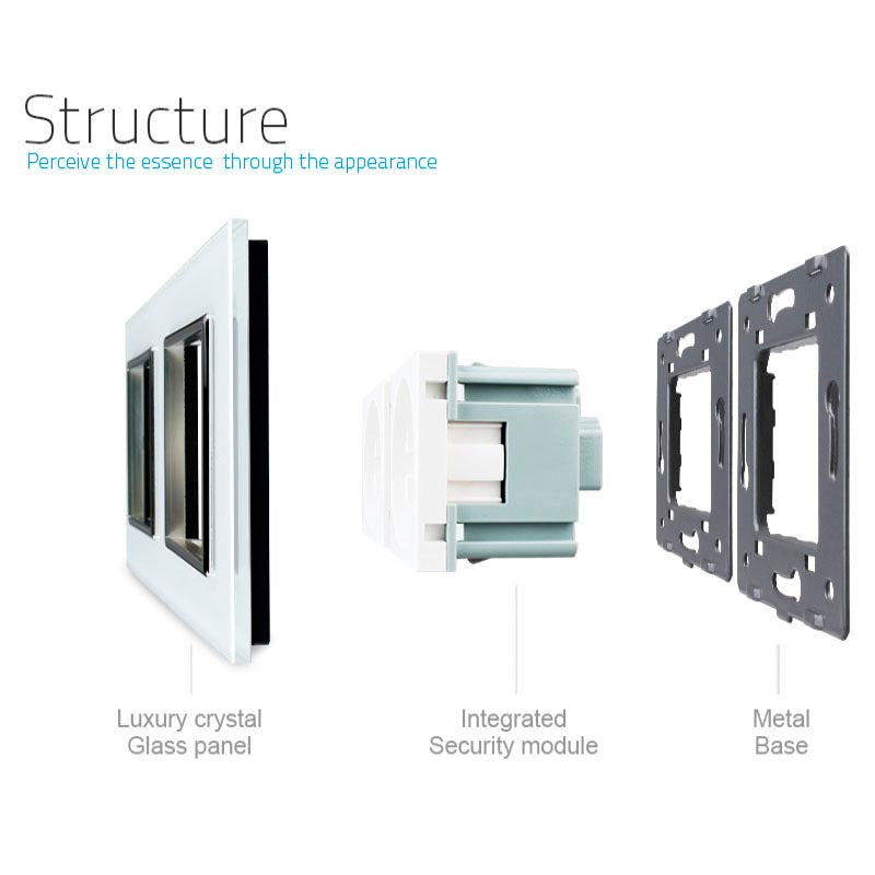 Enchufe doble tipo SCHUKO EU de 16A, compuesto de mecanismo (base) + clavija plástico + panel frontal vidrio. Mecanismo eléctrico de empotrar con cuerpo de aluminio y panel frontal de cristal templado con acabado de alta calidad y diseño minimalista.