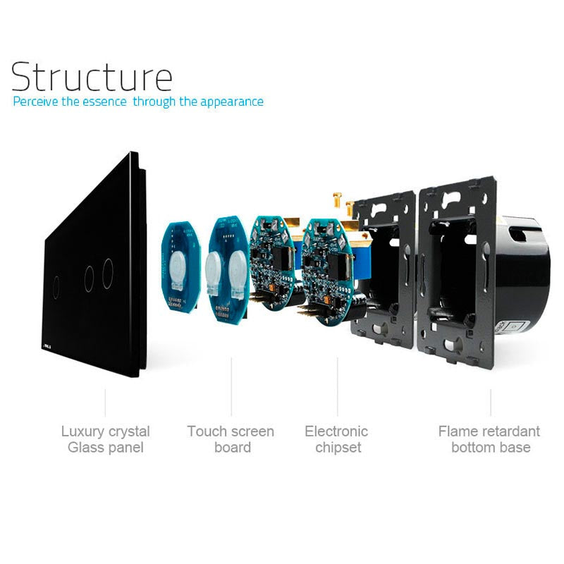 Interruptor doble de 2 cuerpos con 3 encendidos en color negro. Interruptor eléctrico de empotrar con cuerpo de aluminio y panel frontal táctil iluminado de cristal templado con acabado de alta calidad y diseño minimalista.