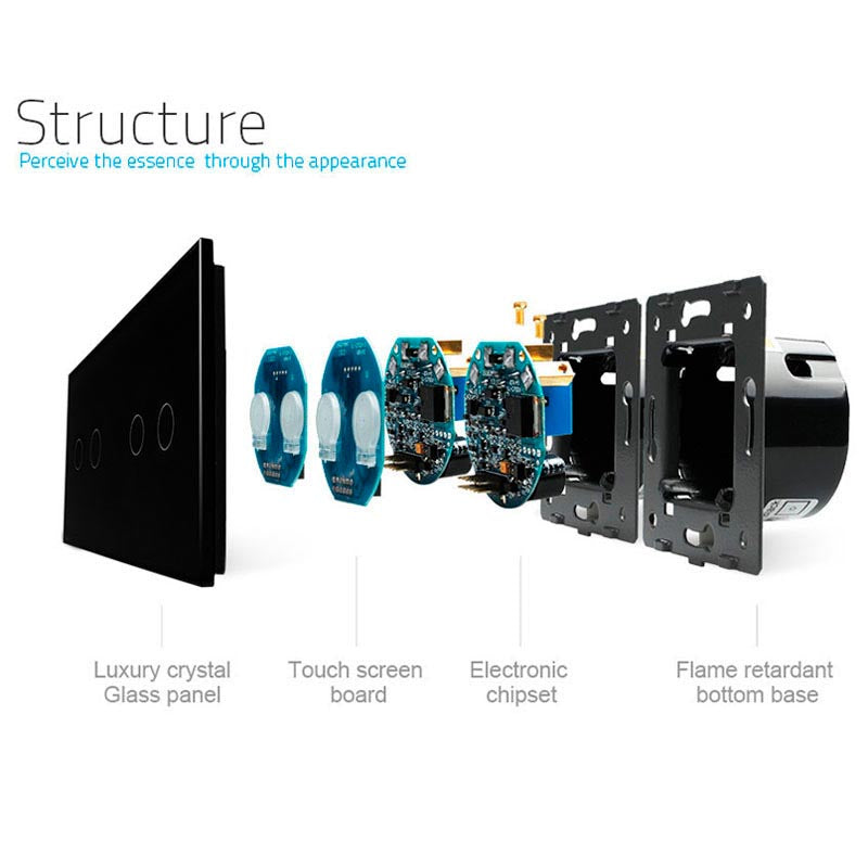 Interruptor doble de 2 cuerpos con 4 encendidos en color negro. Interruptor eléctrico de empotrar con cuerpo de aluminio y panel frontal táctil iluminado de cristal templado con acabado de alta calidad y diseño minimalista.