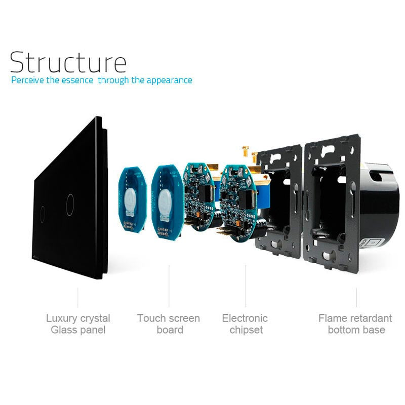 Interruptor doble de 2 cuerpos con 2 encendidos en color negro con función de control remoto (vía RF). Interruptor eléctrico de empotrar con cuerpo de aluminio y panel frontal táctil iluminado de cristal templado con acabado de alta calidad y diseño minimalista.