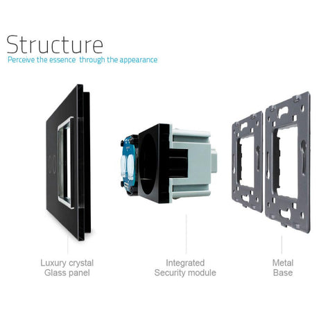 Interruptor doble de 2 cuerpos con 2 encendidos + 1 enchufe en color negro. Interruptor eléctrico de empotrar con cuerpo de aluminio y panel frontal táctil iluminado de cristal templado con acabado de alta calidad y diseño minimalista. Incluye marco interior del color del frontal.