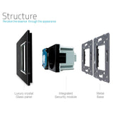 Interruptor doble de 2 cuerpos con 1 encendido + 1 enchufe en color negro con función de control remoto (vía RF). Interruptor eléctrico de empotrar con cuerpo de aluminio y panel frontal táctil iluminado de cristal templado con acabado de alta calidad y diseño minimalista. Incluye marco interior del color del frontal.