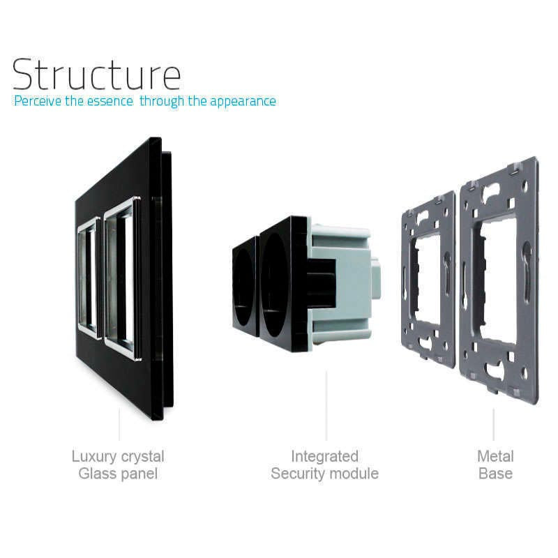 Enchufe doble tipo SCHUKO EU de 16A, compuesto de mecanismo (base) + clavija plástico + panel frontal de color negro. Mecanismo eléctrico de empotrar con cuerpo de aluminio y panel frontal de cristal templado con acabado de alta calidad y diseño minimalista. Incluye marco interior del color del frontal.