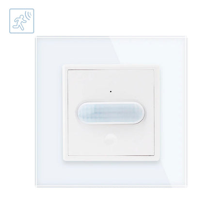 Sensor de movimiento y luminosidad de máxima calidad que permite el encendido de las luces cuando detecta movimiento en su radio de detección y la luminosidad ambiente es menor a los lux configurados.  Con panel frontal de cristal templado con acabado de alta calidad y diseño minimalista.