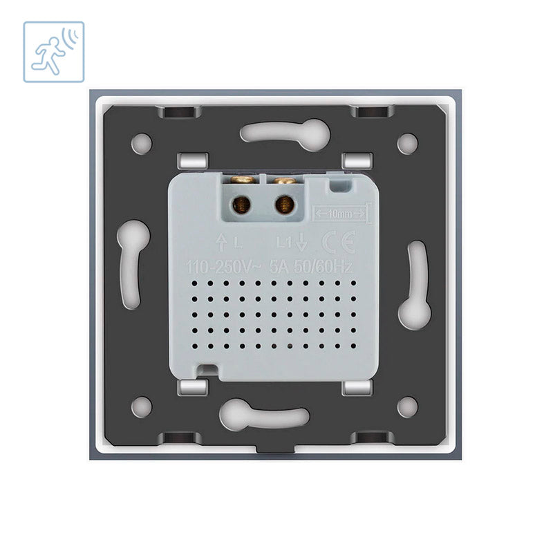 Sensor de movimiento y luminosidad de máxima calidad que permite el encendido de las luces cuando detecta movimiento en su radio de detección y la luminosidad ambiente es menor a los lux configurados.  Con panel frontal de cristal templado con acabado de alta calidad y diseño minimalista.