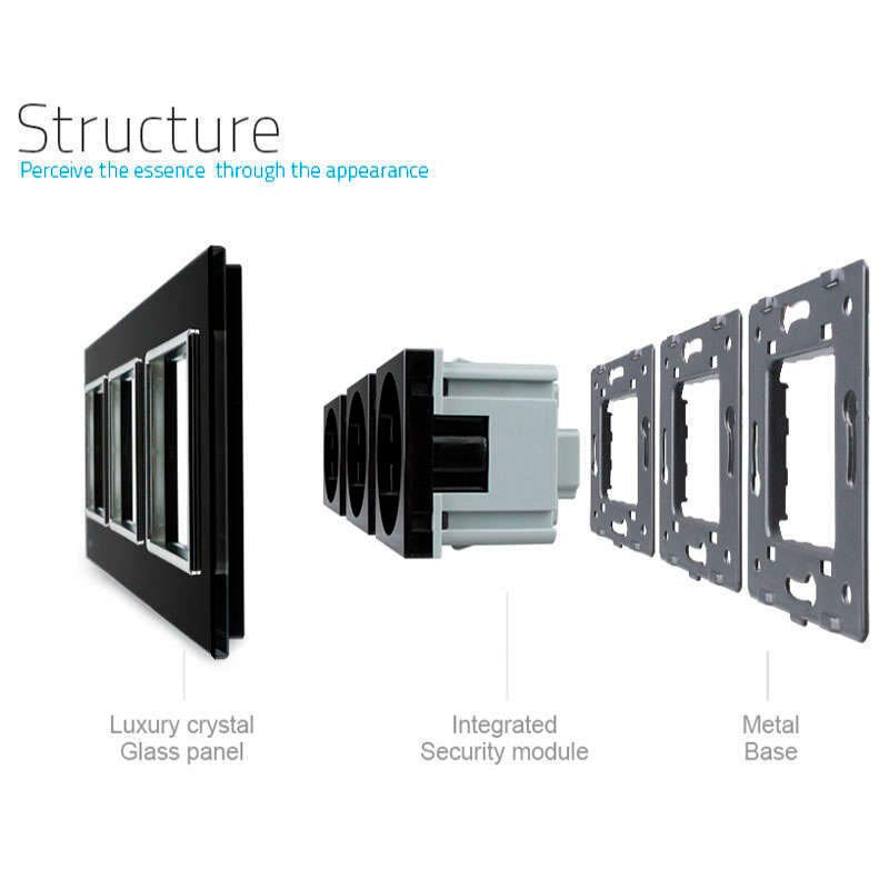 Enchufe triple tipo SCHUKO EU de 16A negro, compuesto de mecanismo (base) + clavija plástico + panel frontal vidrio. Mecanismo eléctrico de empotrar con cuerpo de aluminio y panel frontal de cristal templado con acabado de alta calidad y diseño minimalista. Incluye marco interior del color del frontal.