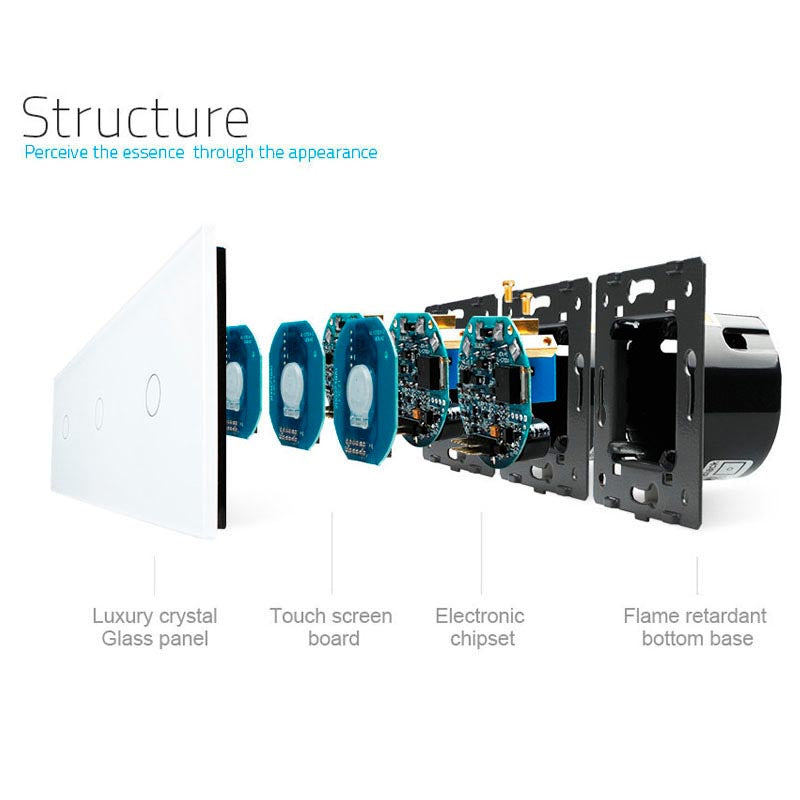 Conmutador de 3 módulos con 3 encendidos en color azul. Interruptor eléctrico de empotrar con cuerpo de aluminio y panel frontal táctil iluminado de cristal templado con acabado de alta calidad y diseño minimalista.