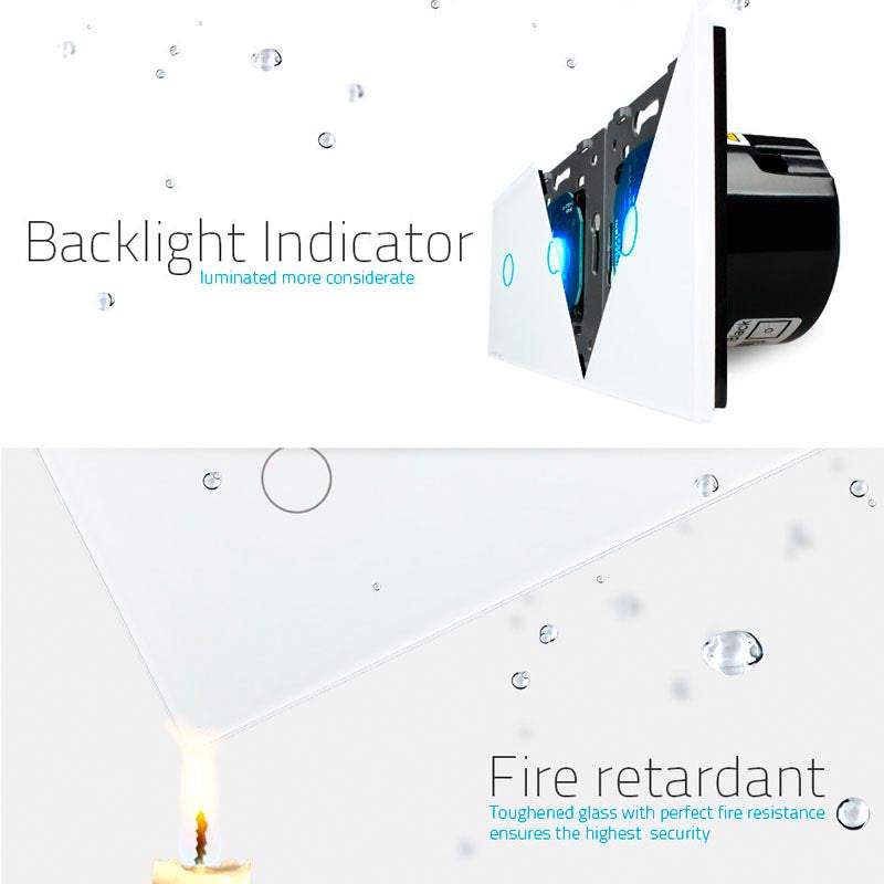 Interruptor de 3 cuerpos con 6 encendidos en color verde con función de control remoto (vía RF). Interruptor eléctrico de empotrar con cuerpo de aluminio y panel frontal táctil iluminado de cristal templado con acabado de alta calidad y diseño minimalista.