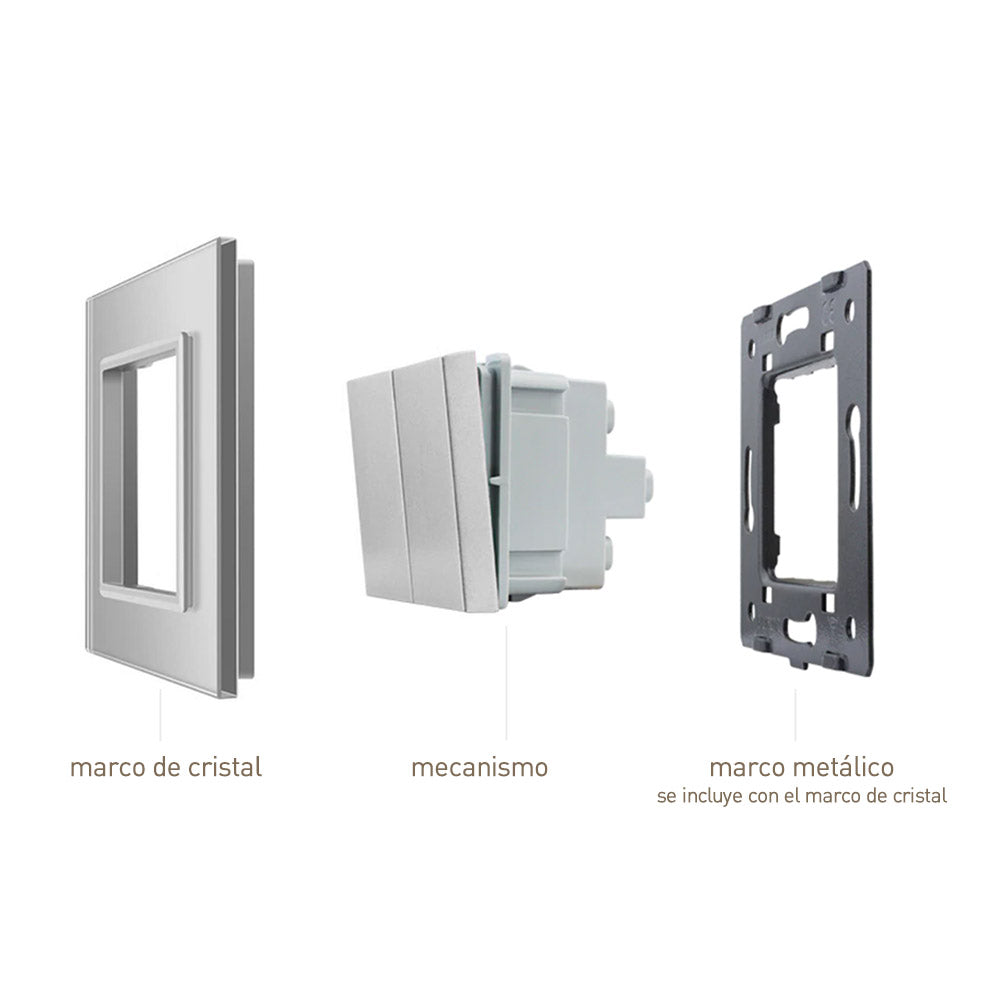 Mecanismo de empotrar EU, interruptor de cruzamiento. Con tecla de color negro. NO INCLUYE marco metálico ni panel frontal de cristal. (el marco frontal de cristal incluye el marco metálico) Sirve para encender y apagar la luz desde tres lugares diferentes. Por ejemplo, un pasillo, donde tienes un mecanismo en la entrada, otro en la parte media del pasillo y otro al final. Se combina con dos interruptores-conmutadores.