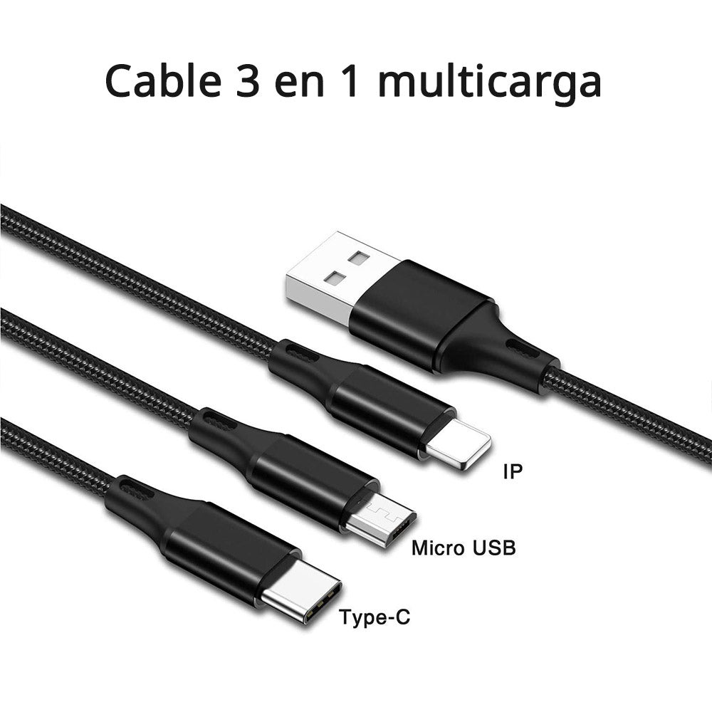 Cable Multi USB de Carga Universal 3 en 1. Para dispositivos  Android, Apple y Tipo-C. 