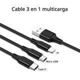 Cable Multi USB de Carga Universal 3 en 1. Para dispositivos  Android, Apple y Tipo-C. 