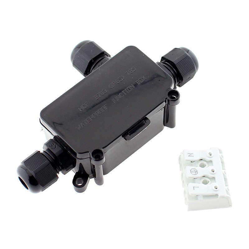 Caja IP65 para conexiones estancas, incluye conector con clips para tres hilos.