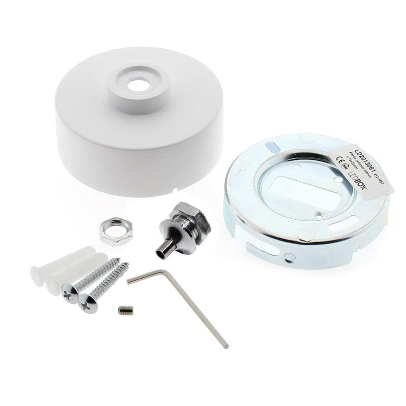 Kit de suspensión que incluye: dos florones redondos de calor blanco Ø75x28mm, dos cables de acero con accesorios de sujección al perfil suspendido y tornillos de sujección a techo.