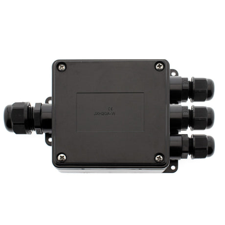 Caja IP68 para conexiones estancas, incluye 4 conectores para cables.