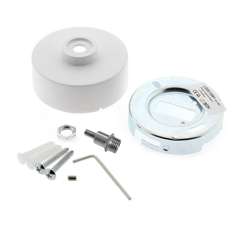 Florón redondo lacado color blanco mate, Ø75x28mm. Facilita la instalación y oculta los cables de conexión de las lámparas suspendidas.