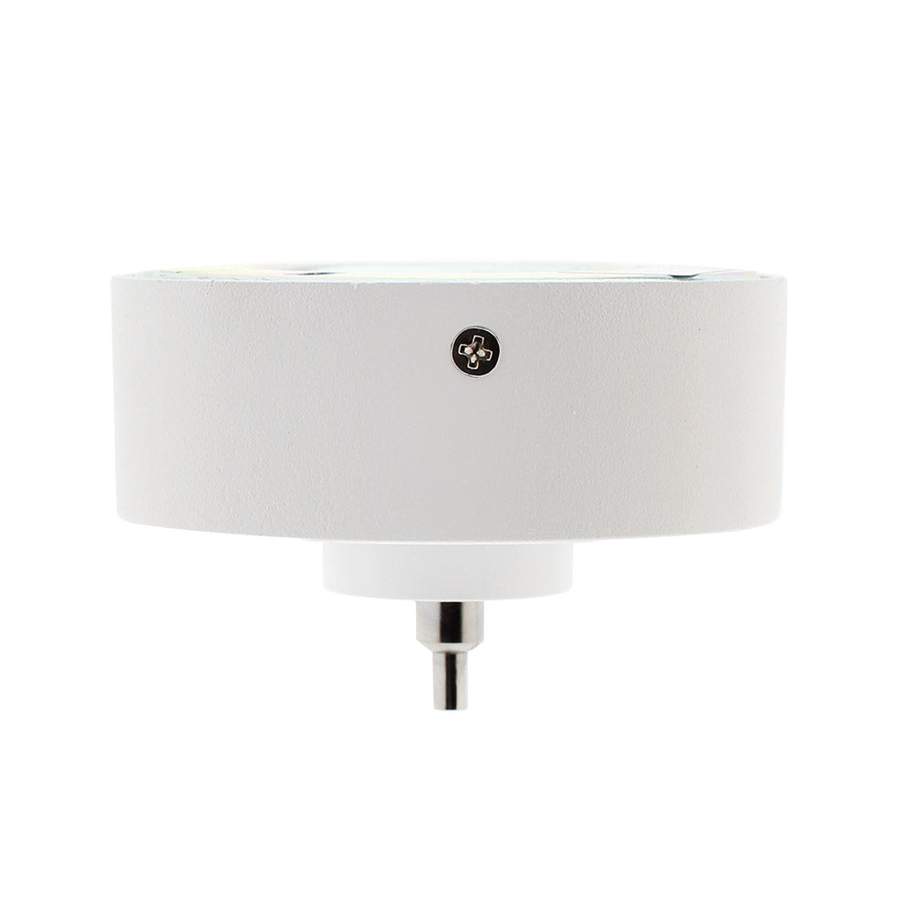 Florón redondo lacado color blanco mate, Ø75x28mm. Facilita la instalación y oculta los cables de conexión de las lámparas suspendidas.