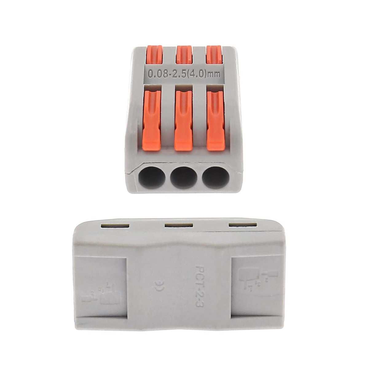 Conector rápido ideal para la conexión rápida de cables de sección desde 0.08 hasta 2,5 mm2. Terminal de conexión para cables de dos hilos.