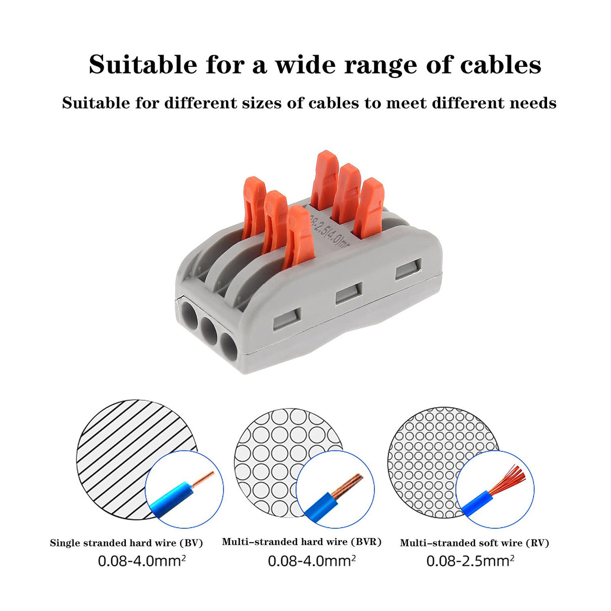 Conector rápido ideal para la conexión rápida de cables de sección desde 0.08 hasta 2,5 mm2. Terminal de conexión para cables de dos hilos.