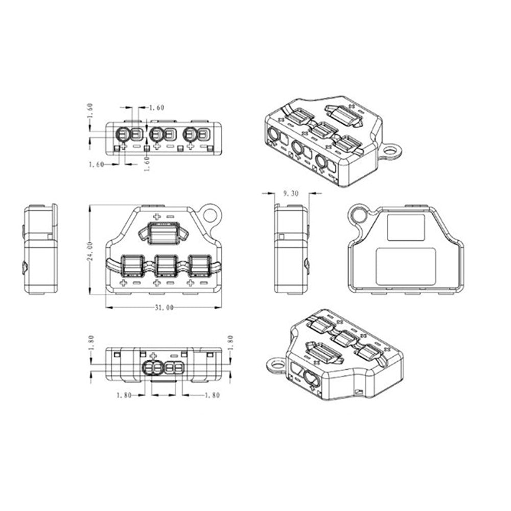 Distribuidor con 1 entrada para par de cables de sección 0.34-0.75mm2 - 0-42V / 9A y salida para 3 pares de cables de sección 0.2-0.5mm2 - 1,5A. Facilita y organiza las instalaciones eléctricas.