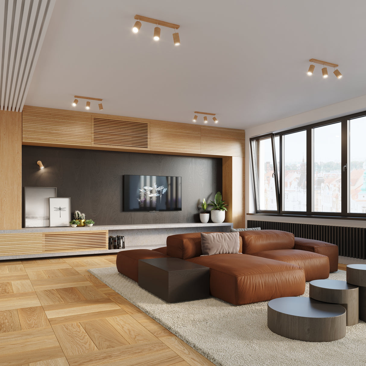 Lámpara de techo BERG con 4 puntos de iluminación, SOLLUX iluminación, de madera natural, un diseño inspirado en la tendencia de la arquitectura orgánica, cuyas referencias se pueden ver incluso en los detalles mas pequeños.