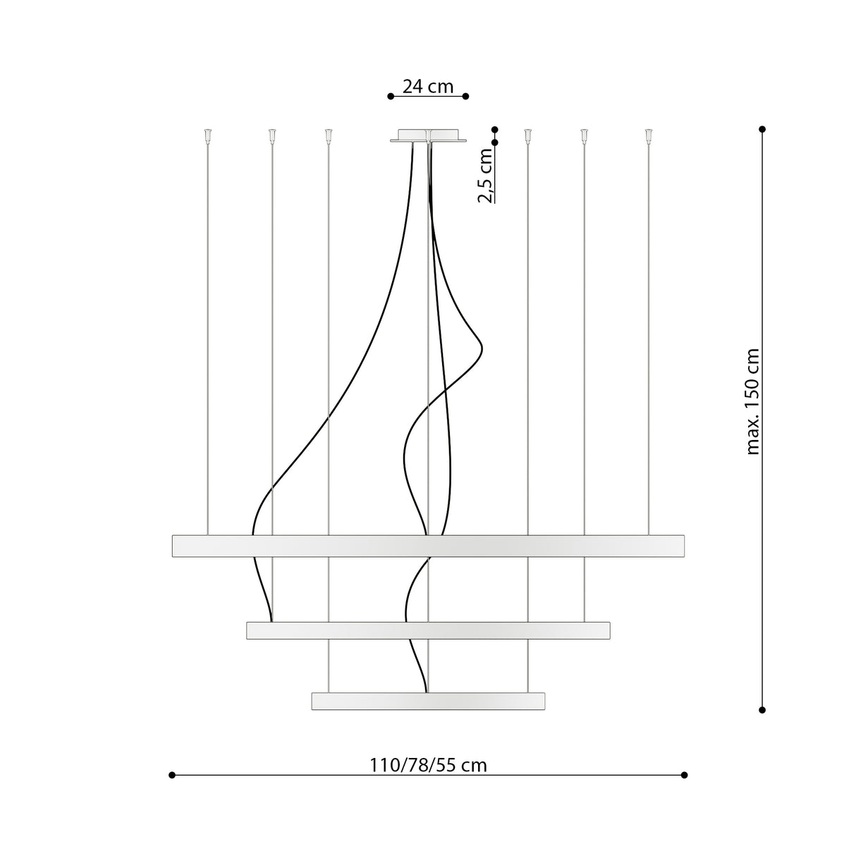 Lámpara colgante LED RIO 3 55/78/110, negro, 150W, 3000K