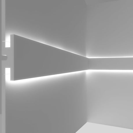 Moldura fabricada en poliestireno extruido diseñada para instalación de iluminación lineal led. La combinación entre los perfiles de aluminio, molduras de poliestireno y tiras led, ofrecen un acabado distinguido a tus proyectos más exigentes.