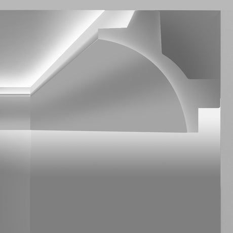 Moldura fabricada en poliestireno extruido diseñada para instalación de iluminación lineal led. La combinación entre los perfiles de aluminio, molduras de poliestireno y tiras led, ofrecen un acabado distinguido a tus proyectos más exigentes.