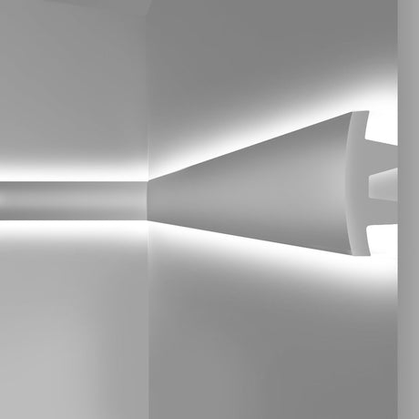 Moldura fabricada en poliestireno extruido diseñada para instalación de iluminación lineal led. La combinación entre los perfiles de aluminio, molduras de poliestireno y tiras led, ofrecen un acabado distinguido a tus proyectos más exigentes.