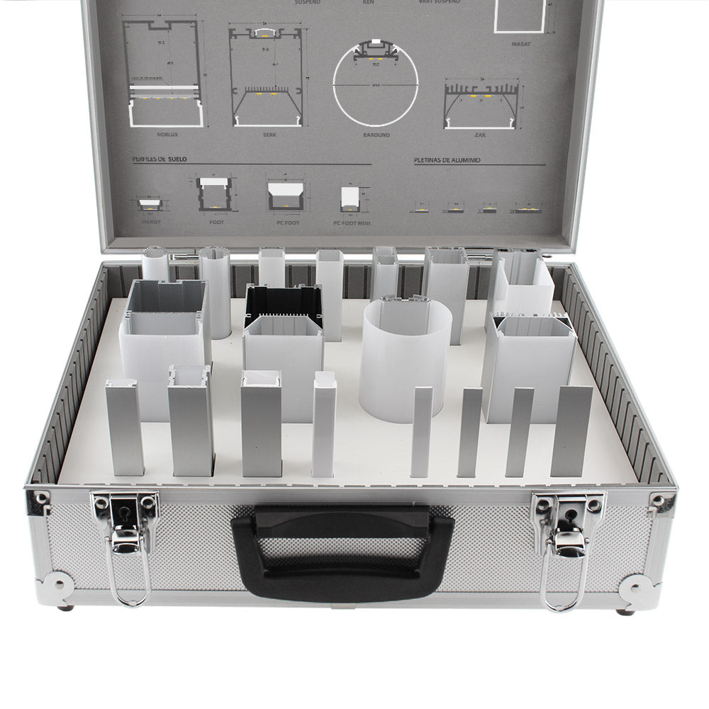 Maletín con un amplio muestrario de perfiles de aluminio para la instalación de tiras led. Incluye perfiles para instalación en SUELO, SUSPENDIDOS y PLETINAS. Consíguelo GRATIS por un pedido mínimo de 1.500€ en perfiles.