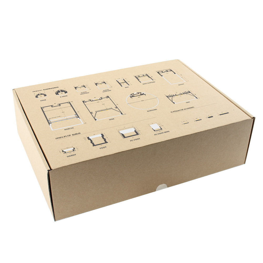 Caja con un amplio muestrario de perfiles de aluminio para la instalación de tiras led. Incluye perfiles para instalación en SUELO, SUSPENDIDOS y PLETINAS. Consíguelo GRATIS por un pedido mínimo de 1.000€ en perfiles.