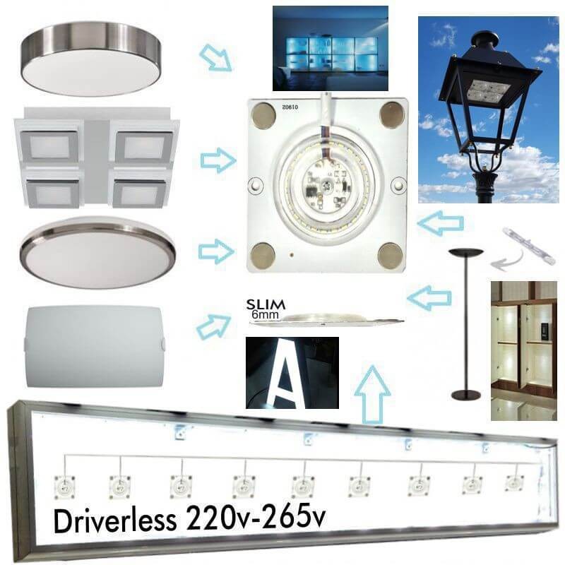 Módulo LED de 10W conexión directa a red 220v, no necesita fuente de alimentación. Diodo SMD3030. Esta nueva tecnología contiene CI (Circuito Integrado) con protección a temperatura y sobretensiones de hasta 700V.  Regulable TRIAC