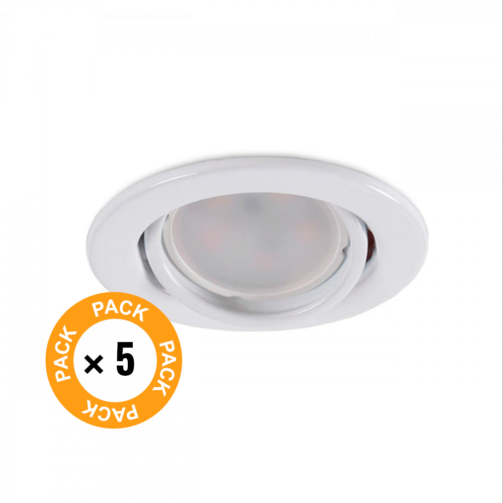 Pack de 5 Bombillas LED GU10 6W 500Lm 6000ºK 30.000H - Aro Downlight Redondo Inclinable "Vepa" Acero 90mm - Blanco