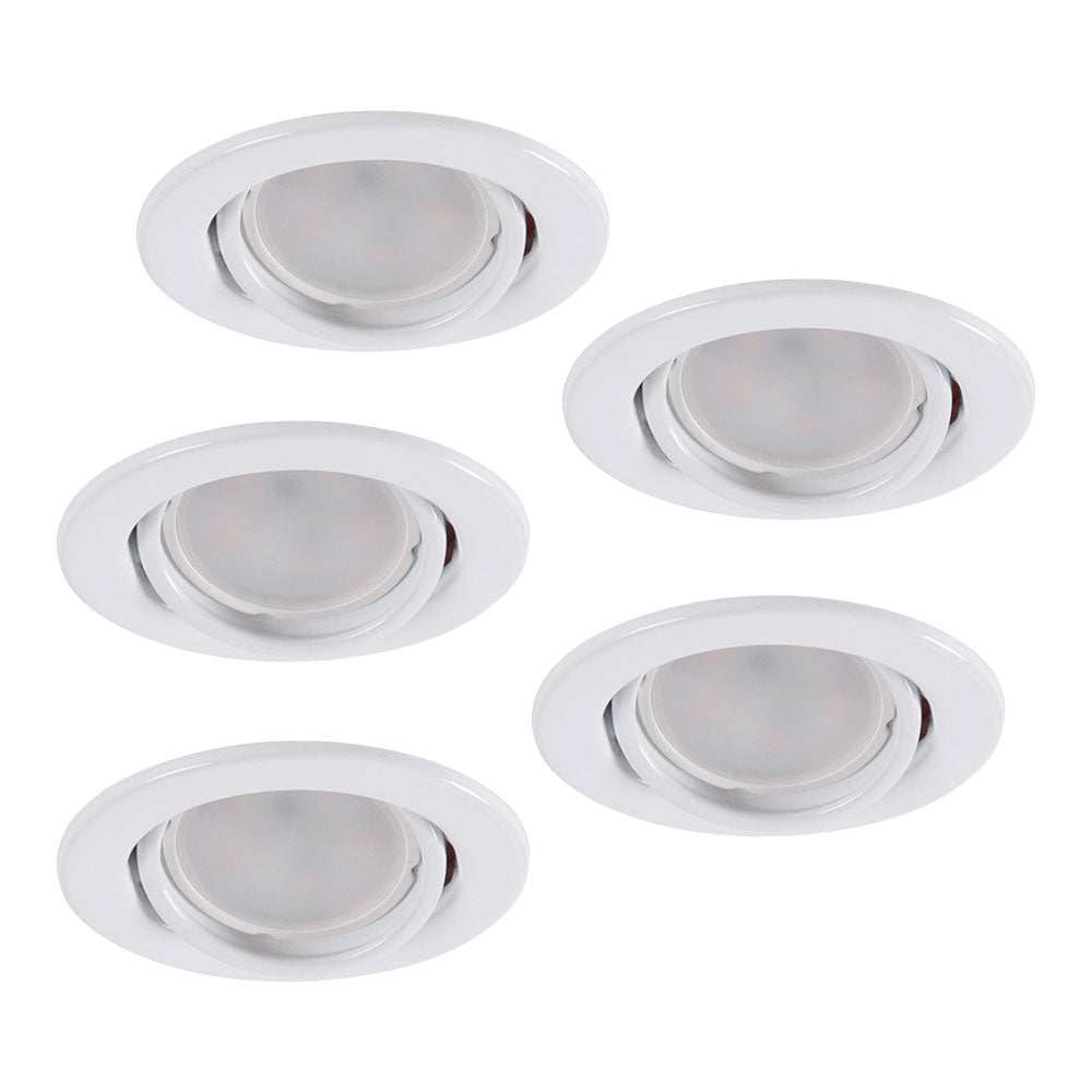 Pack de 5 Bombillas LED GU10 6W 500Lm 6000ºK 30.000H - Aro Downlight Redondo Inclinable "Vepa" Acero 90mm - Blanco