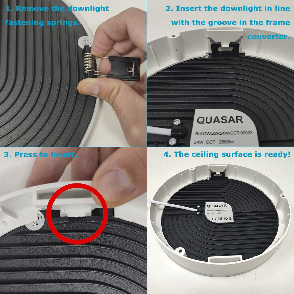 Con nuestro aro convertidor podrás convertir el Downlight Led 8W, Frameless, CCT ajustable en un plafón. Es de color blanco y es ideal para disponer de un Plafón FRAMELESS (sin marco).