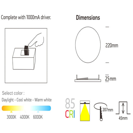 Luminaria TODO EN UNO. Downlihgt LED con selector de color de luz (cálida, neutra o fría), NO Flicker (sin parpadeos), Driver integrado, Sistema mejorado de disipación térmica.