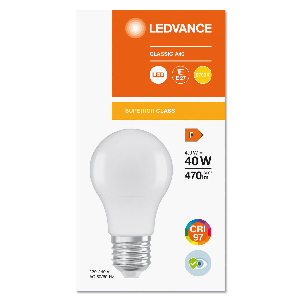 Ledvance/Osram Bombilla LED "Classic" E27 4,9W 470Lm 2700K 180º IP20