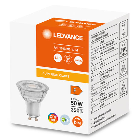 Ledvance/Osram Bombilla LED Spot GU10 4,7W 350Lm 4000K 36º IP20 Regulable