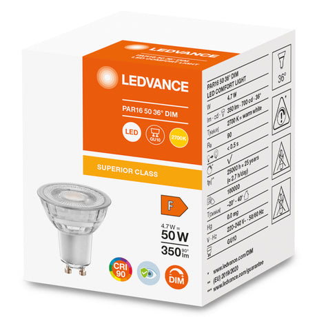 Ledvance/Osram Bombilla LED Spot GU10 4,7W 350Lm 2700K 36º IP20 Regulable