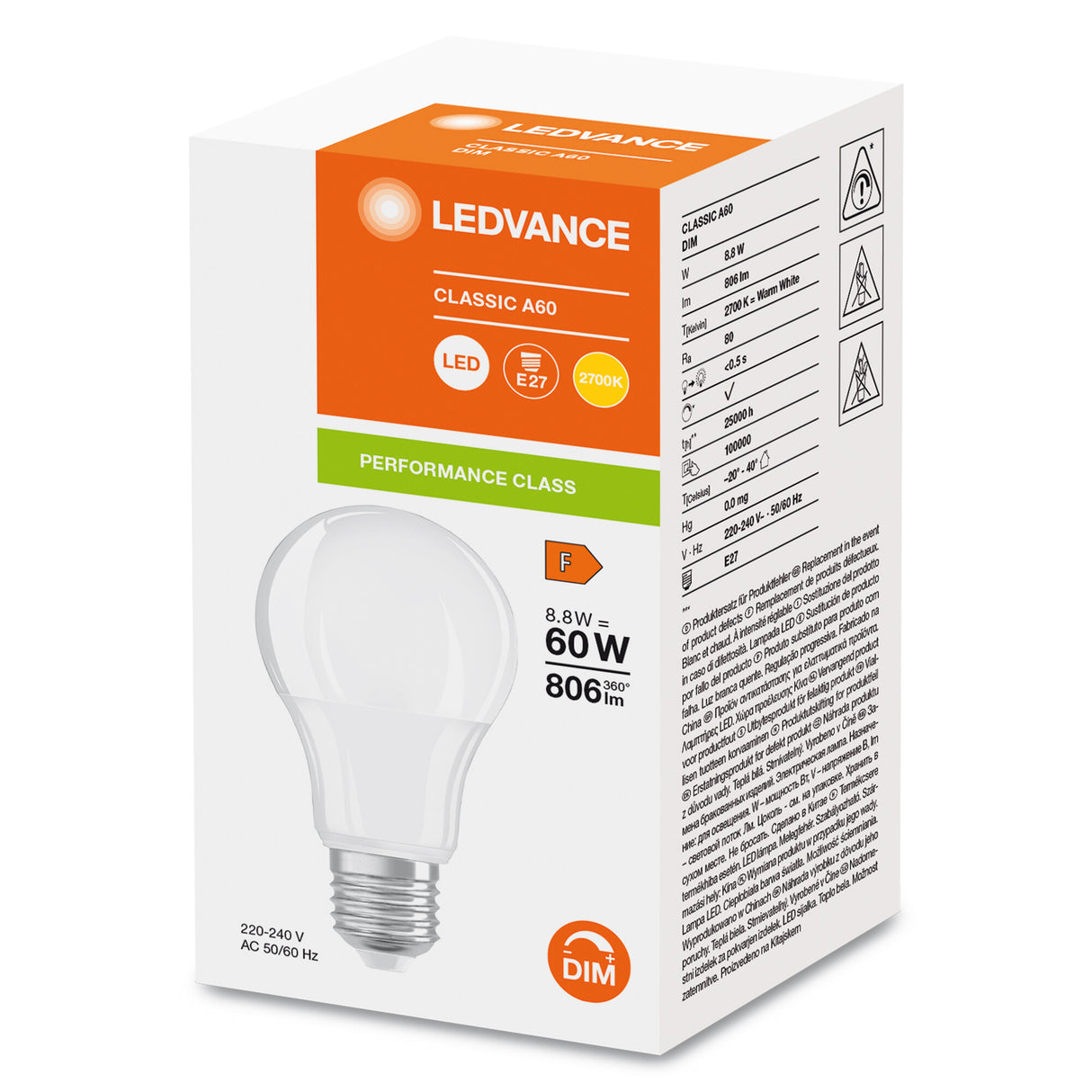 Ledvance/Osram Bombilla LED "Classic" E27 8,8W 806Lm 2700K 200º IP20 Regulable