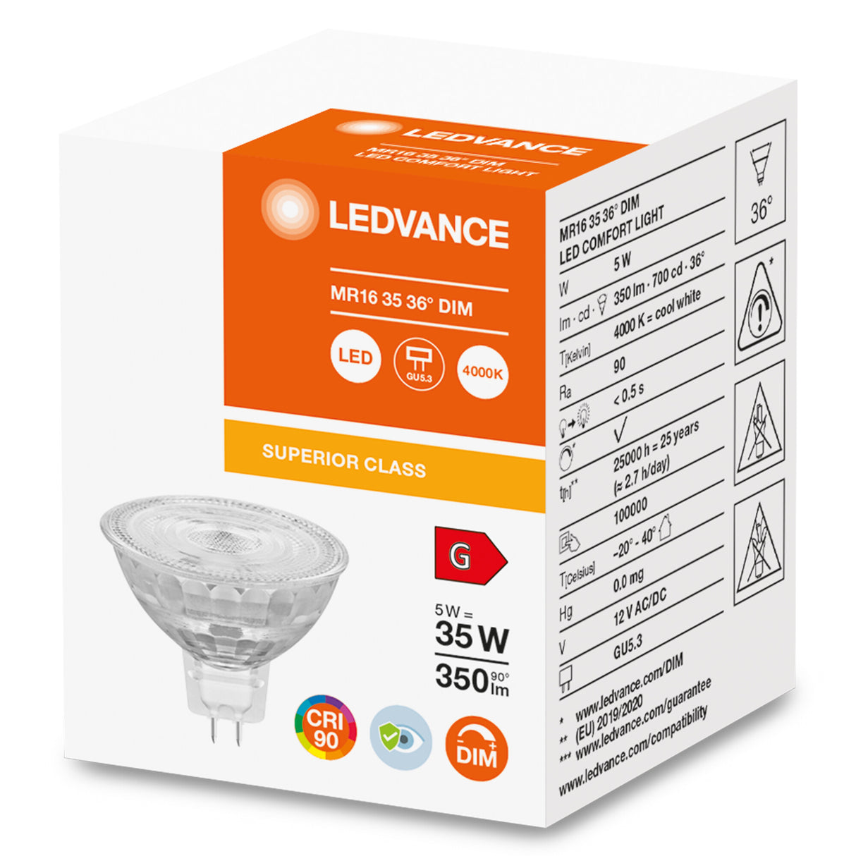 Ledvance/Osram Bombilla LED Spot GU5,3 5W 350Lm 4000K 36º IP20 Regulable